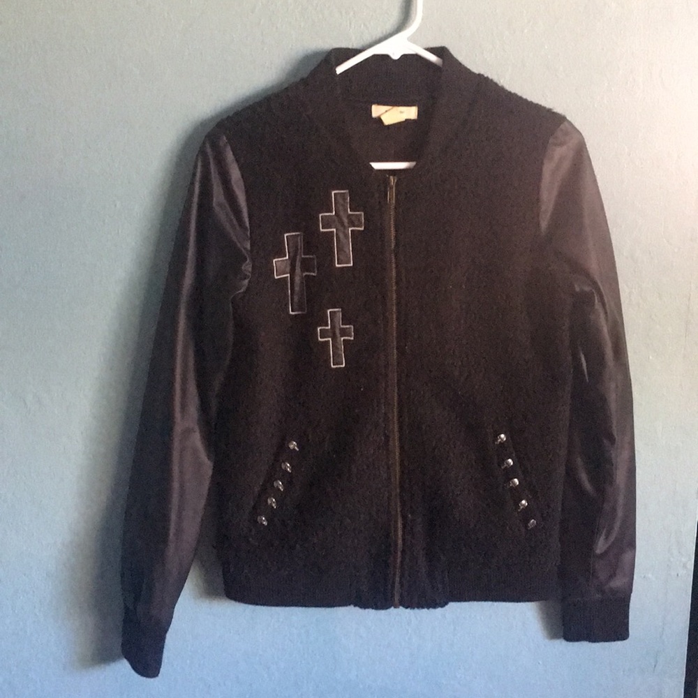 Baseball coat with pleather sleeves